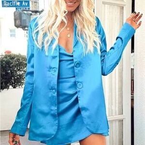 Show Me Your MuMu Felix Blue Satin Silky Blazer Jacket Size XXL